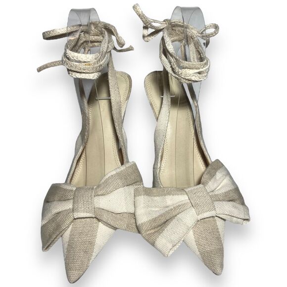 ASOS Women Linen Lace Up High Heels Shoes Size US 6 UK 4 Grayish Beige Bow Front - Picture 3 of 11